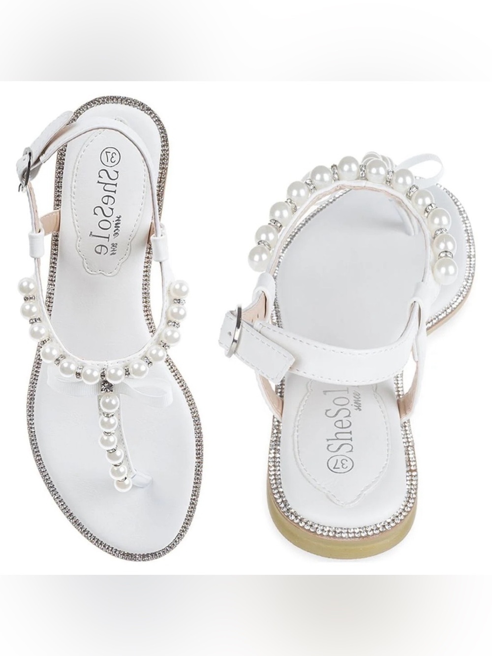 SheSole Pearl-Trim White T-Strap Sandals with Bow